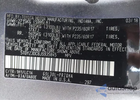 2018 Toyota Sienna Xle 8 Passenger z USA, uszkodzony, nr VIN 5TDYZ3DC8JS935845